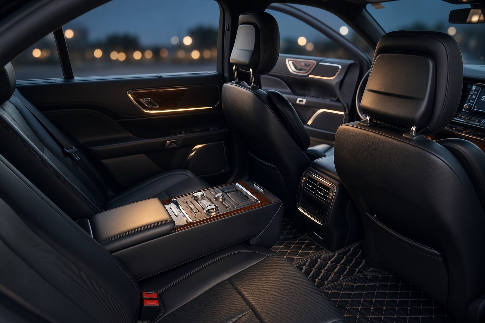 Rear passenger cabin of a Lincoln Continental with black leather seating and a rear center console